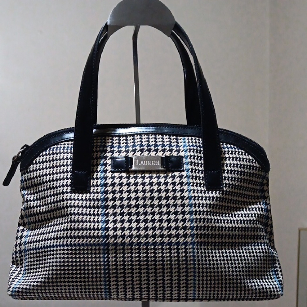 Lauren Ralph Lauren Black & White w Blue Hues Houndstooth Satchel NWOT
